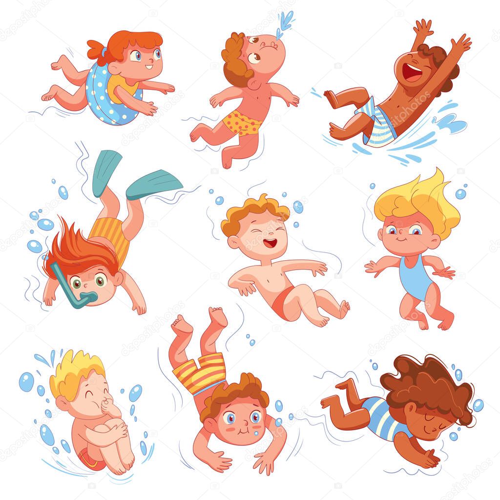 Children snorkeling. Set. Funny cartoon character