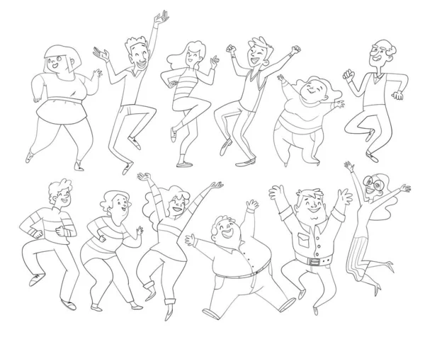 Táncoló emberek. Emberek csoportja, akik felemelt kézzel ugrálnak, férfiak és nők szórakoznak vagy ünneplik a sikert. — Stock Vector