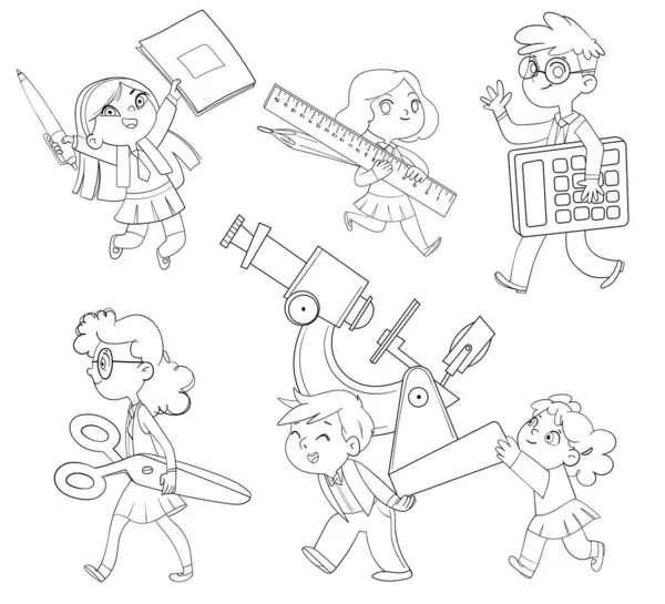 Crianças pequenas segurando papelaria grande escola. Livro para colorir — Vetor de Stock