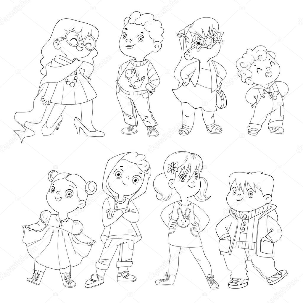 Fashion children. Funny cartoon character. Vector illustration. Coloring book