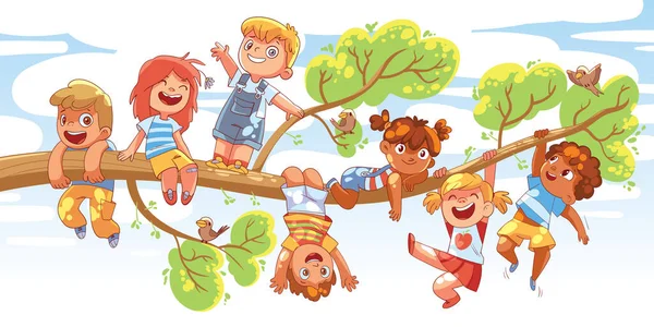 Los niños colgaban de una rama de árbol el día soleado. Personajes de dibujos animados coloridos — Vector de stock