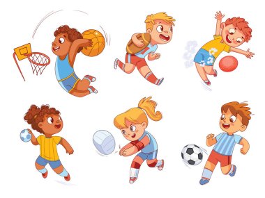 Team sport. Volleyball, football, basketball, rugby, handball, <b>rugby cartoon characters</b>, dodgeball vector