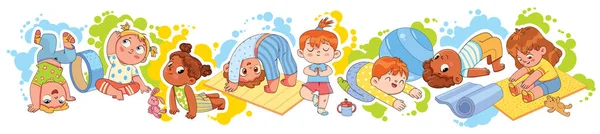 Yoga para niños. Divertido personaje de dibujos animados. Panorama — Archivo Imágenes Vectoriales