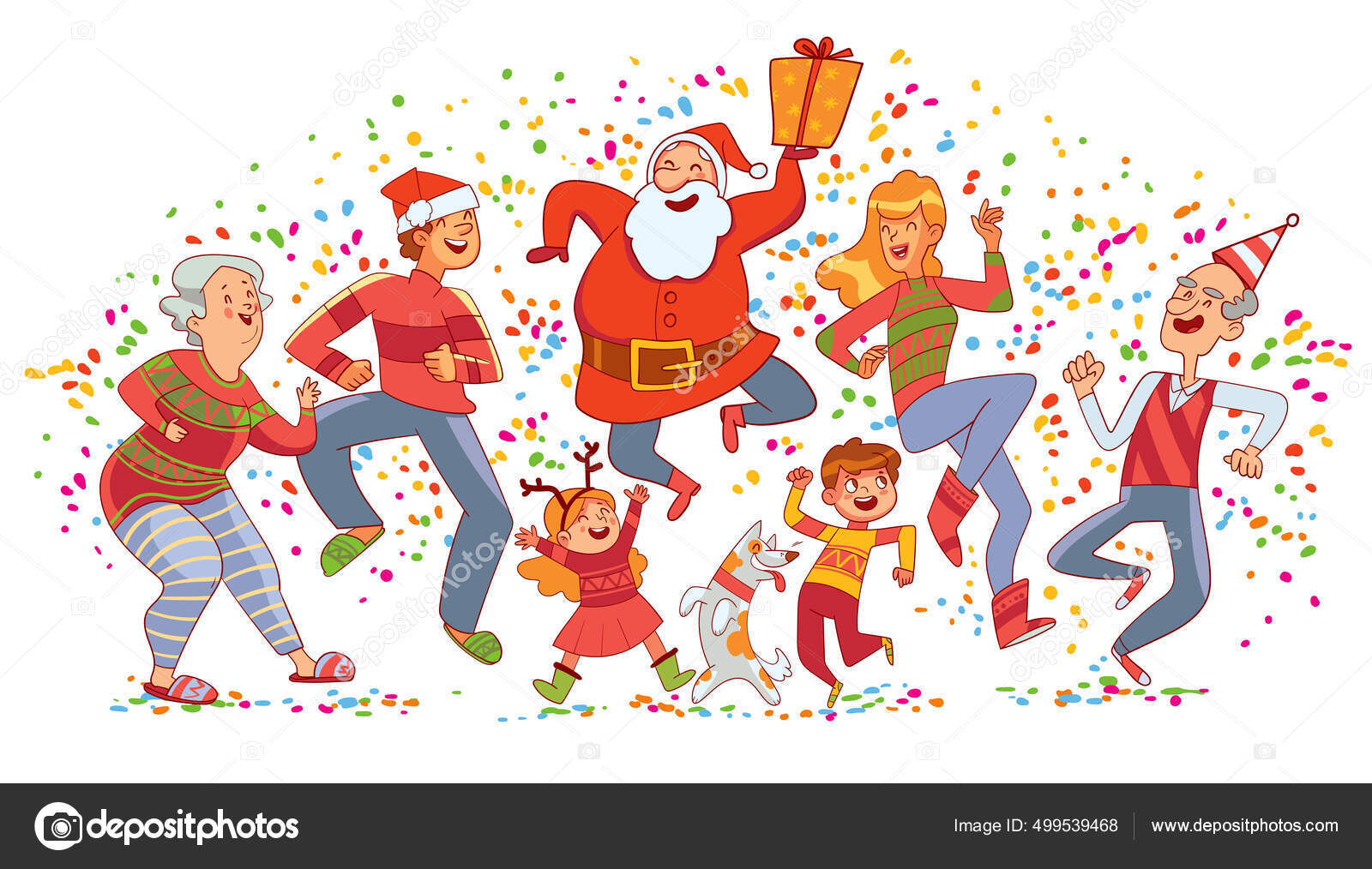 Большая Семья Празднует Рождество С Сантой И Весело Танцуют Вместе.