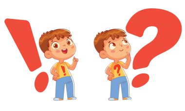 Soru işareti ve ünlem işaretinin arkaplanındaki çocuk