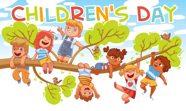 Día de los Niños. Niños colgados de una rama de árbol — Vector de stock