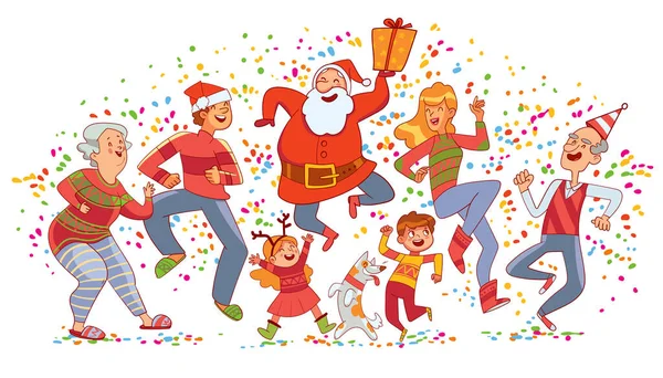 Nagy család ünnepli a karácsonyt a Mikulás, és jó szórakozást táncolnak együtt — Stock Vector