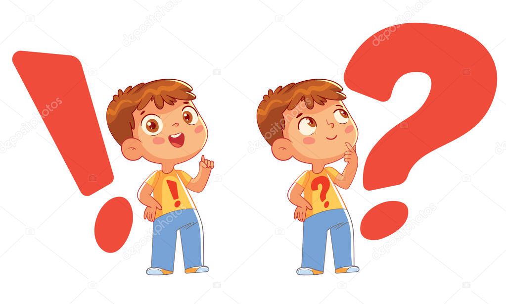 Child on the background of a question mark and exclamation mark