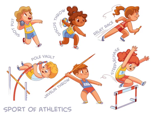 Leichtathletik. Set vorhanden. Kugelstoßen, Diskuswurf, Staffellauf, Stabhochsprung, Speerwurf, Hindernislauf — Stockvektor