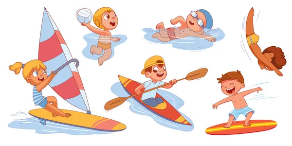 Sporty wodne z dziećmi. Surfuję. Pływanie. Żeglowanie. Nurkowanie — Wektor stockowy