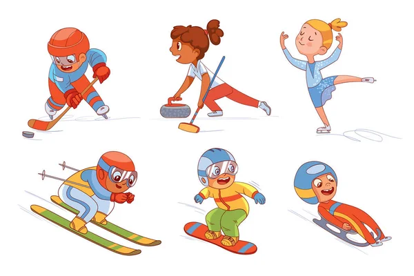 Sporty zimowe dla dzieci. Zabawne postacie z kreskówek. — Wektor stockowy