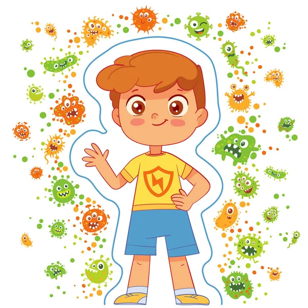 Proteger a los niños del virus. Personaje divertido de dibujos animados — Vector de stock