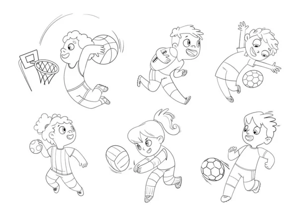 Deporte de equipo. Listos. Voleibol, fútbol, baloncesto, rugby, balonmano, dodgeball — Vector de stock