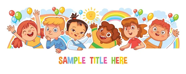 Happy children holding poster. Funny cartoon character. Isolated on white background — Stock Vector