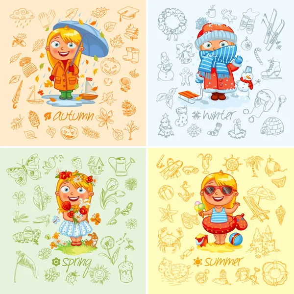 Baby girl and the four seasons — Stock Vector