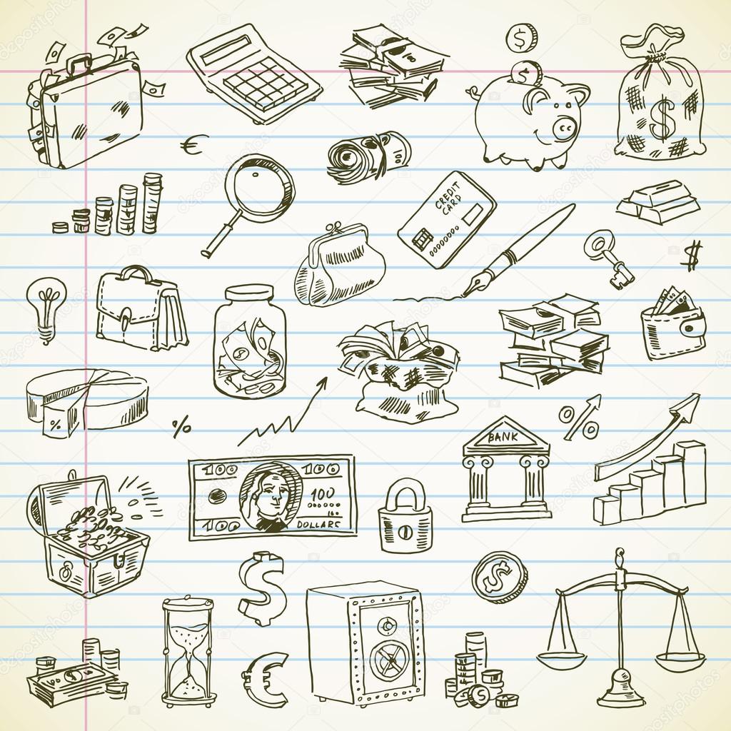 Freehand drawing Business and Finance items on a sheet of exerci