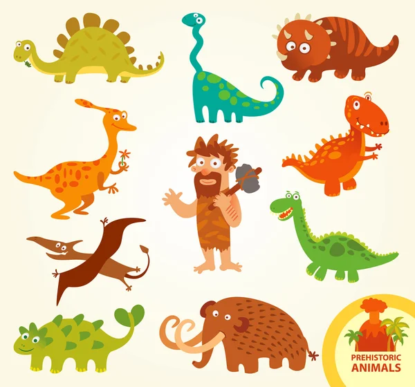 Zabawny zestaw prehistorycznych zwierząt. Postać z kreskówki — Wektor stockowy