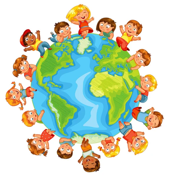 世界地球日。可爱的孩子们。矢量图 — 图库矢量图片