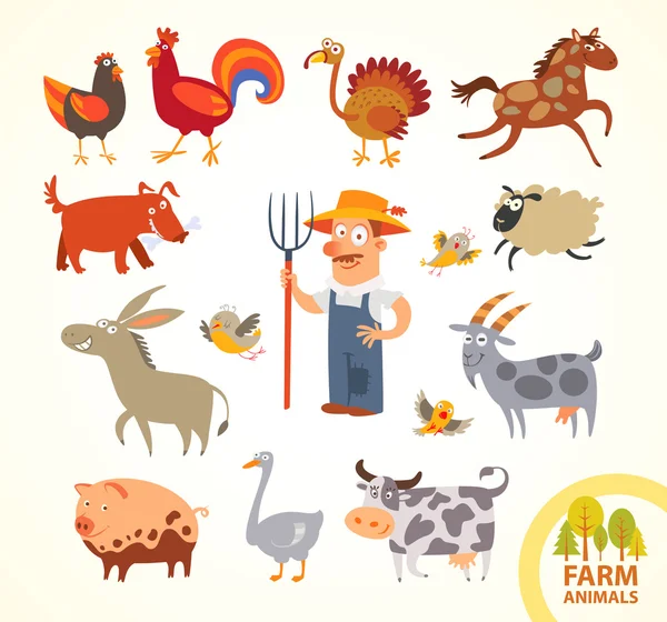 Set funny farm little animals. Cartoon character — Stock Vector