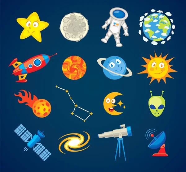 Iconos de la astronomía de moda. Personaje divertido de dibujos animados — Vector de stock