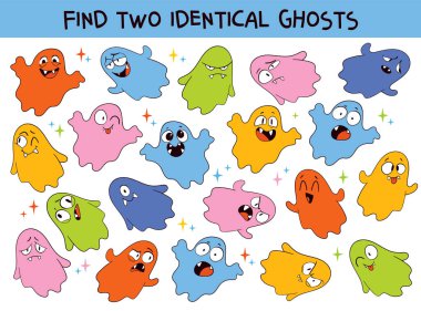 Funny puzzle game with cute colorful ghosts. Find two identical ghosts among many. Halloween educational activity for kids, cartoon vector illustration on white background. Spot it
