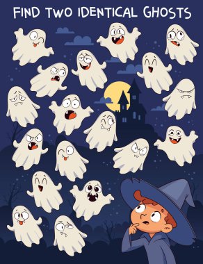 Halloween puzzle with cute ghosts and little wizard boy. Find two identical ghosts among many. Fun educational activity for kids, cartoon vector illustration on night spooky background. Spot it