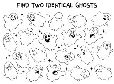 Tatlı hayaletlerle dolu komik Cadılar Bayramı bulmacası. Birbirinin aynısı iki hayalet bul. Çocuklar için siyah-beyaz karalama oyunu ve boyama kitabı sayfası. Çocuklar için eğitici basılabilir aktivite. Yerleştir.