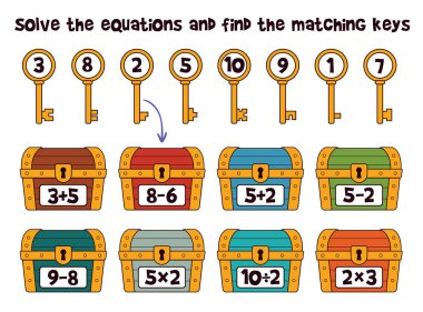 Anahtar ve hazine sandığı olan çocuklar için eğlenceli bir matematik bulmacası. Her anahtarı basit matematik problemlerini çözerek doğru göğse eşleştir. Çocuklar için eğitici sayma oyunu.