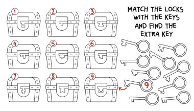 Sevimli boyama sayfası ve çocuklar için mantık bulmacası. Her anahtarı doğru kilitle eşleştir ve fazladan bir tane bul. Çocuklar ve anaokulu öğrenimi için eğlenceli yazdırılabilir etkinlik.