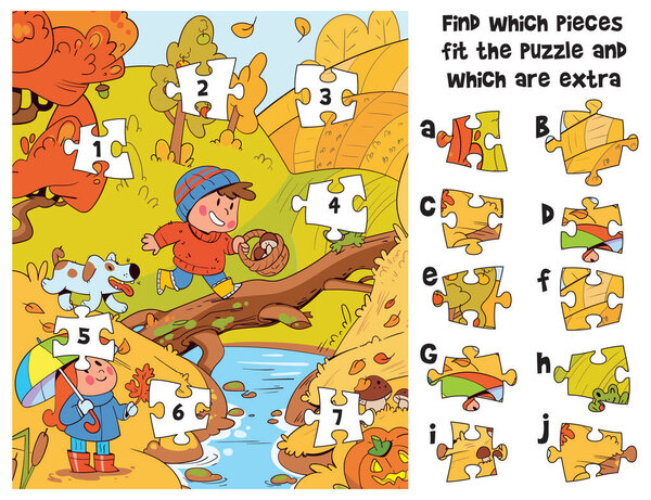 Осенняя головоломка для детей - найти, какие части подходят картинке, а какие являются дополнительными. Веселая воспитательная работа с детьми, собаками и осенним пейзажем. Печатный лист для обучения. Spot it