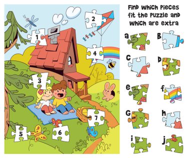 Renkli bulmaca oyunu. Çocuklar için eğlenceli bir yapboz. Yapboz parçalarını şekillerine göre eşleştir ve üç tane daha bul. Anaokulu öğrenimi ve mantıklı düşünme için eğitim programı. Yerleştir.