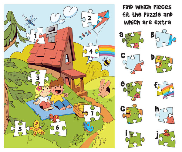 Красочная головоломка. Веселые игрушки для детей. Матч части головоломки по форме и найти три дополнительных. Учебная программа для дошкольного обучения и логического мышления. Spot it