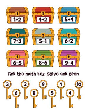 Hazine sandıkları ve numaralandırılmış anahtarlarla renkli matematik bulmacası. Çocukların toplama ve çıkarma alıştırması için eğlenceli bir eğitim oyunu. Çizgi film stilinde şirin öğrenme aktivitesi. Beyazda izole edilmiş. Yerleştir.