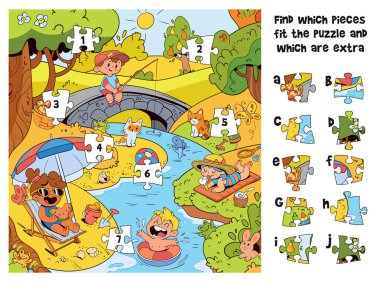 Çocuklar için yaz bulmacası. Hangi parçaların resme uyduğunu ve hangi parçaların ekstra olduğunu bul. Çocukların mantık ve ilgi geliştirmesi için eğlenceli bir eğitim oyunu. Yerleştir.