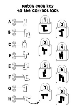 Çocuklar için eğitici bulmaca. Her anahtar doğru kilitle eşleşiyor. Öğrenme, mantık eğitimi ve anaokulu aktiviteleri için siyah-beyaz çalışma tablosu. Yazdırılabilir vektör illüstrasyonu.