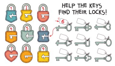 Çocuklar için eğlenceli bir bulmaca oyunu. Anahtarların birbirine uyan kilitleri bulmasına yardım et. Mantık, ilgi ve düşünme becerilerini geliştirmek için renkli eğitim aktiviteleri. Öğrenmek ve oynamak için mükemmel. Yerleştir. Ayarla