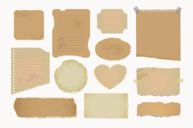 Yırtık kenarları, lekeleri ve desenli yüzeyleri olan eski kağıt kağıtlar. Albüm, günlük, davetiye ve antika tasarım projeleri için geçmişe dönük parşömen sayfaları