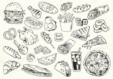 Hamburger, pizza, patates kızartması, sandviç ve abur cuburla el yapımı fast food koleksiyonu. Menü tasarımı, posterler, ambalajlar veya restoran temaları için klasik çizim stili illüstrasyon seti.