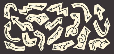 Elle çizilmiş ok koleksiyonu. Eğri, zikzak çizen ve arka planda dönen oklar. Diyagramlar, yönler, bilgi grafikleri, haritalar ve tasarım elemanları için kılavuz çizim simgeleri