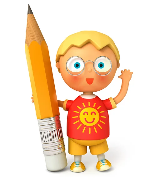Mały uczeń posiadający duży ołówek — Zdjęcie stockowe
