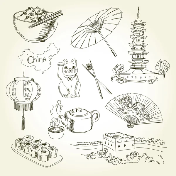 Freehand drawing China items — Stock Vector