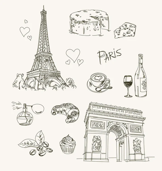 Freehand drawing Paris items — Stock Vector