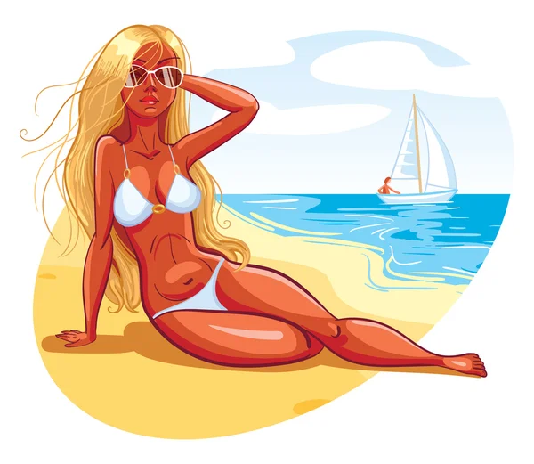 Hermosa chica tomando el sol en la playa en bikini de rayas negras — Vector de stock