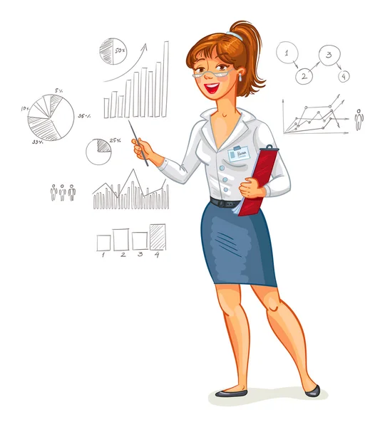 Business woman stands at the blackboard with charts — Stockvector