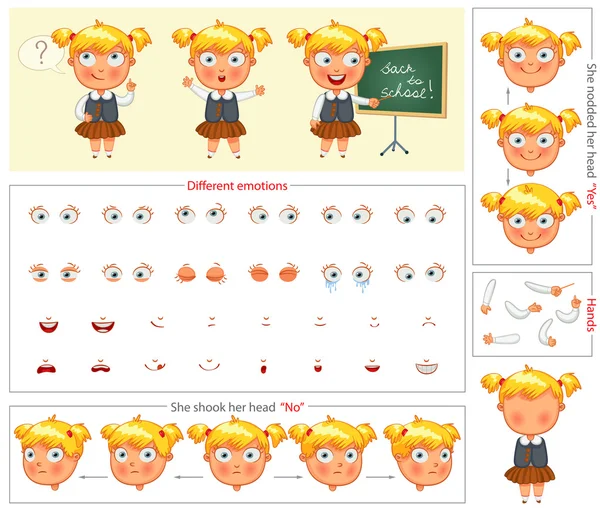 Colegiala. Plantilla de partes del cuerpo para el trabajo de diseño y animación — Archivo Imágenes Vectoriales