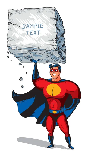 Super man raises a big boulder with text — Stock Vector