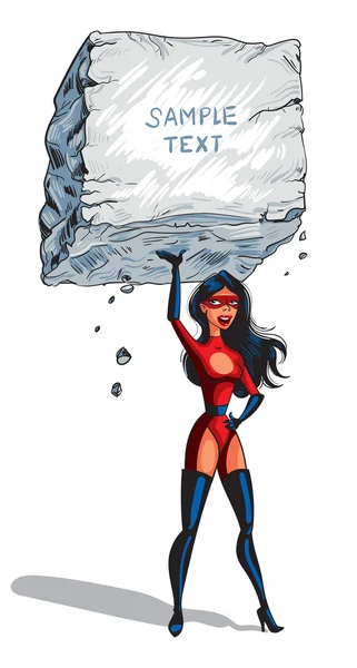 Super Woman raises a big boulder with text — Stockvector