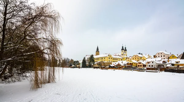 Vue Château Telc Hiver Pendant Les Chutes Neige Bâtiment Historique — Photo