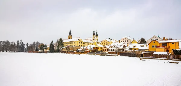 Vue Château Telc Hiver Pendant Les Chutes Neige Bâtiment Historique — Photo