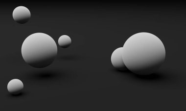 Beyaz renkli küreler yumuşak siyah arka plana yerleştirilir. Pastel renkler, yumuşak gölgeler. Soyut ve modern tasarım, 3B görüntüleme.